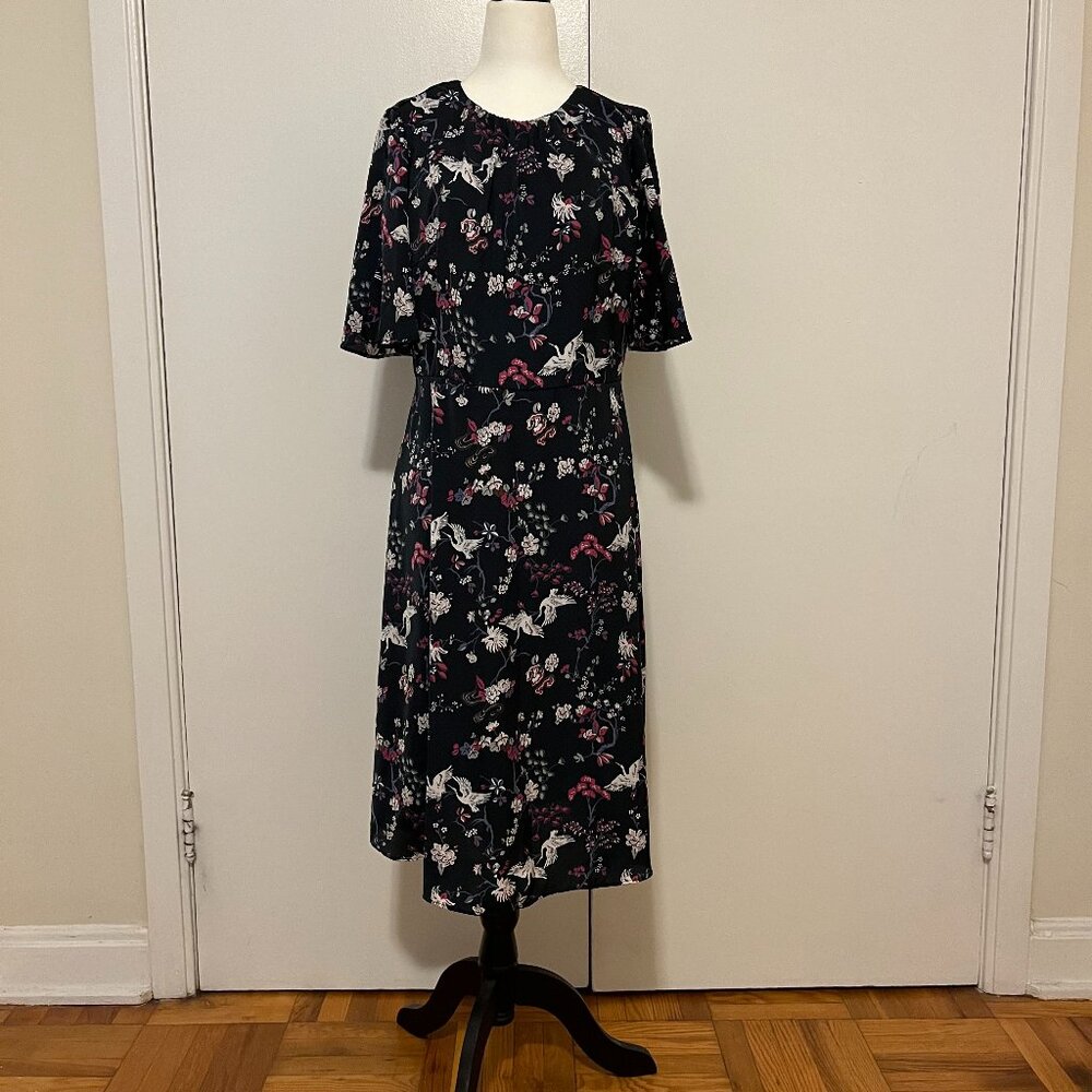 Floral Print Midi Dress in Black with Pink and White Accents